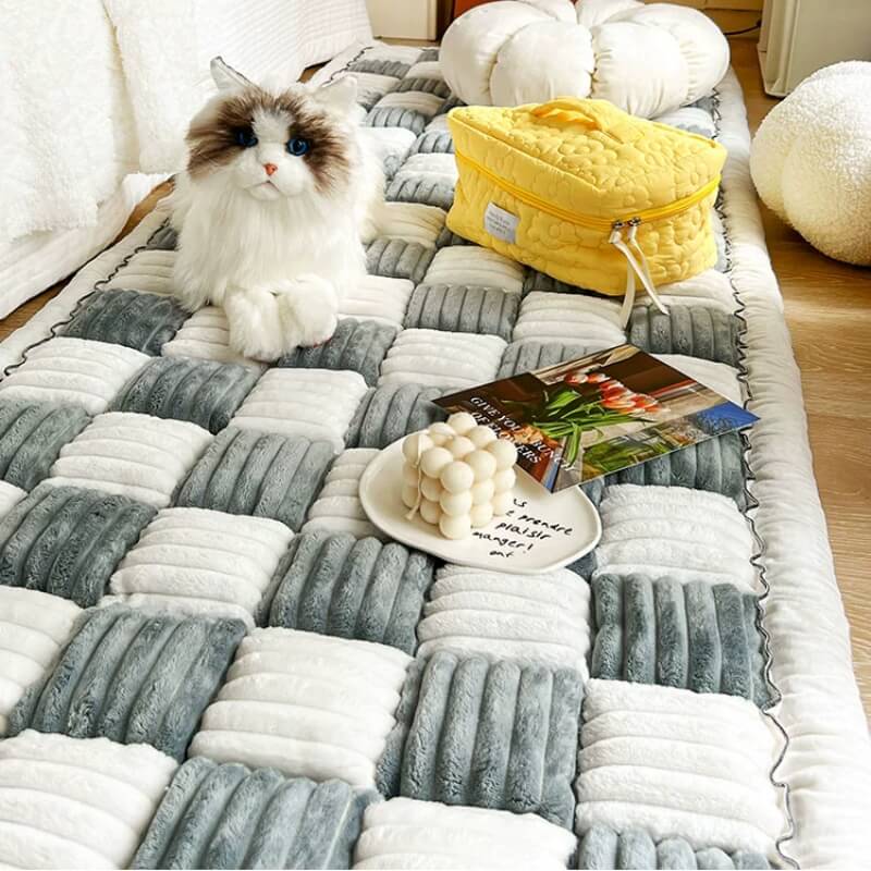 Cream-colored Large Plaid Square Pet Mat Bed Couch Cover