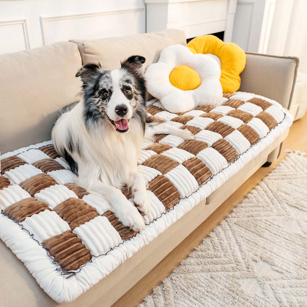 Cream-colored Large Plaid Square Pet Mat Bed Couch Cover